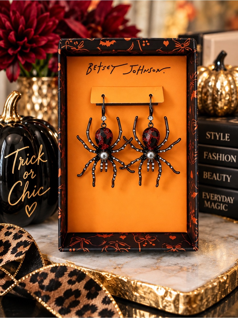 Betsey Johnson Black and Red Spider Earrings - Spooky Chic Accent
